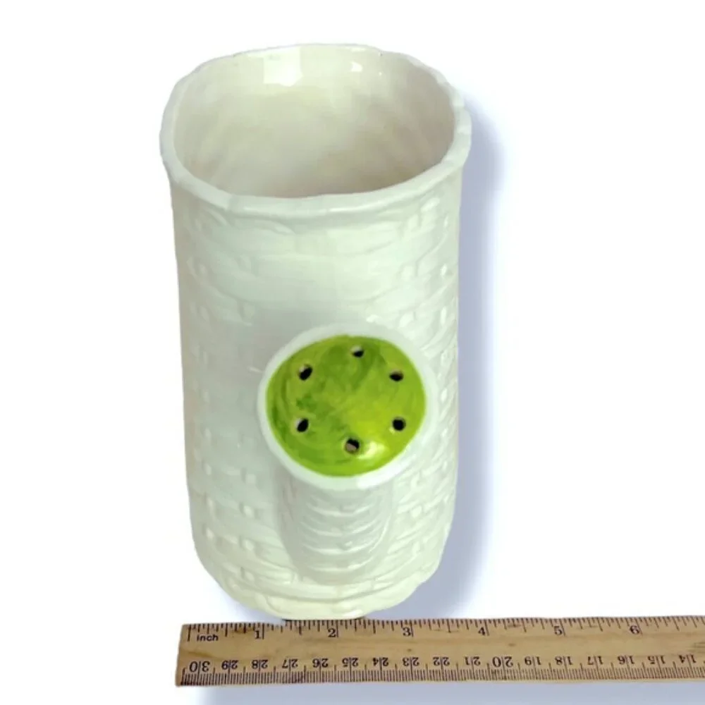 Vintage Basket Weave Ceramic Watering Can Planter Numbered Multi Use White Green